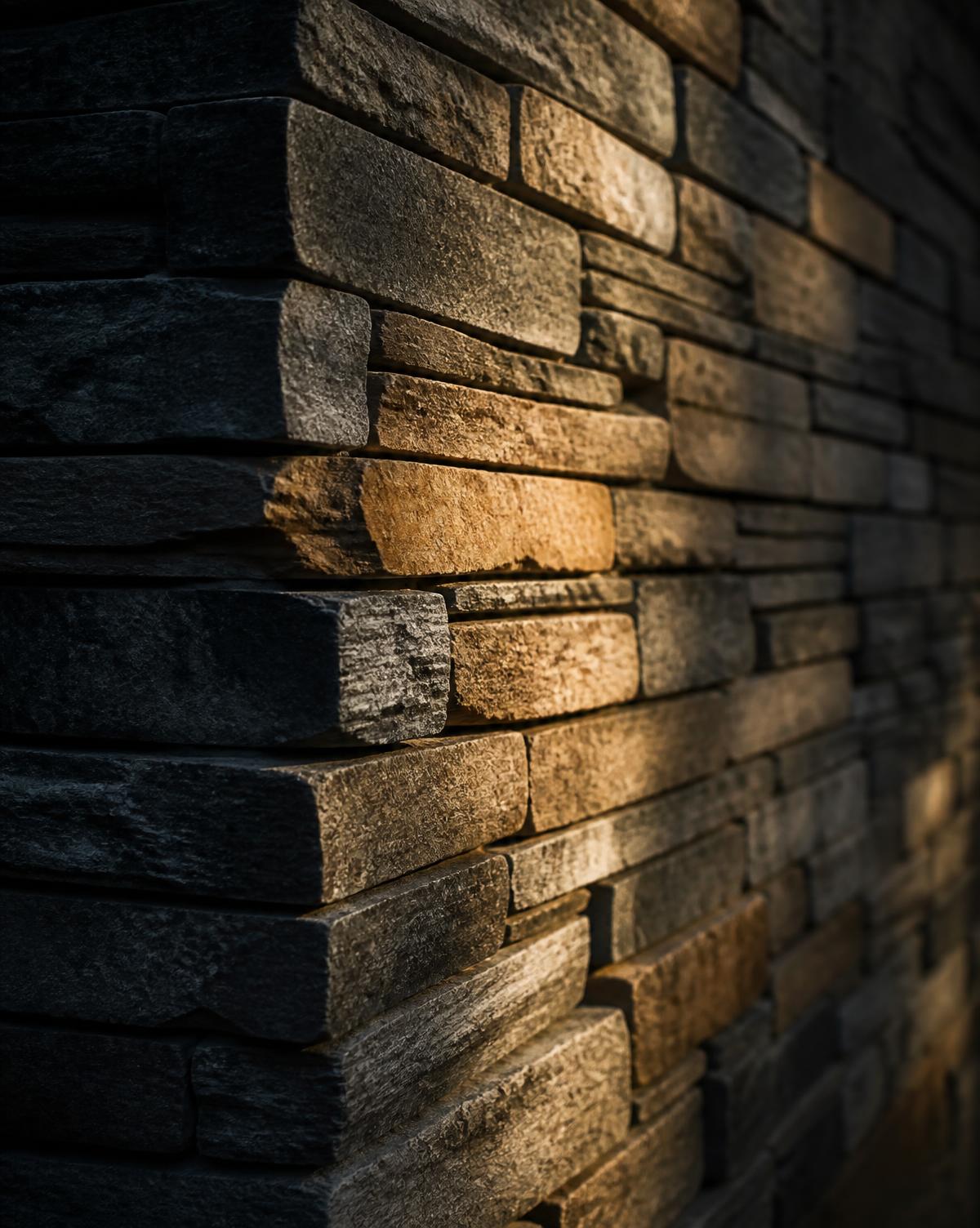 Close detail of stacked stone masonry in low light