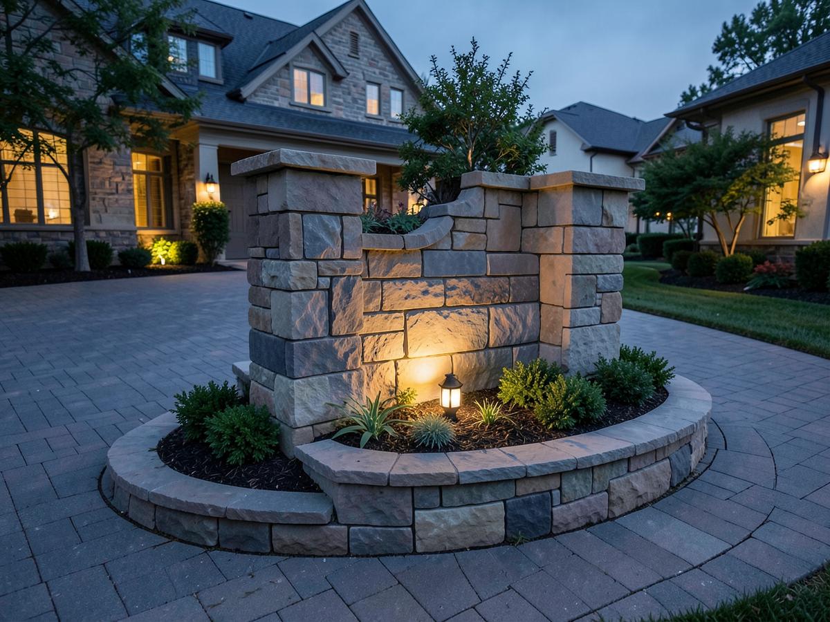 Custom stone entry monument with planter at a private driveway