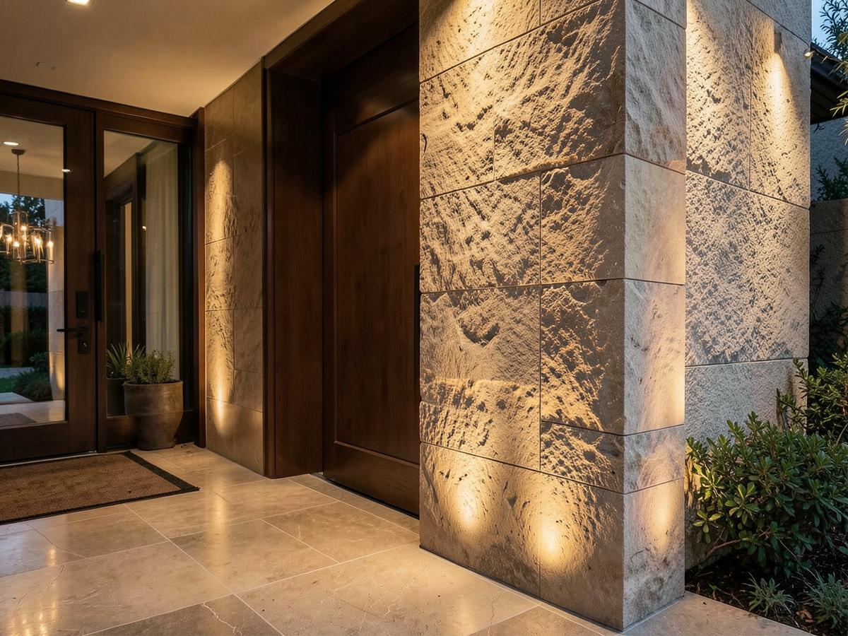 Natural stone veneer column at a home entry